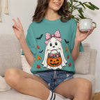 Cute Halloween Ghost T-Shirt — Trick-or-Treat Pumpkin & Bats