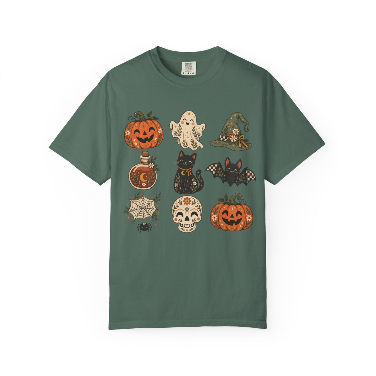 Halloween Icons T-Shirt — Cute Retro Pumpkins, Ghost, Cat & Skull Tee
