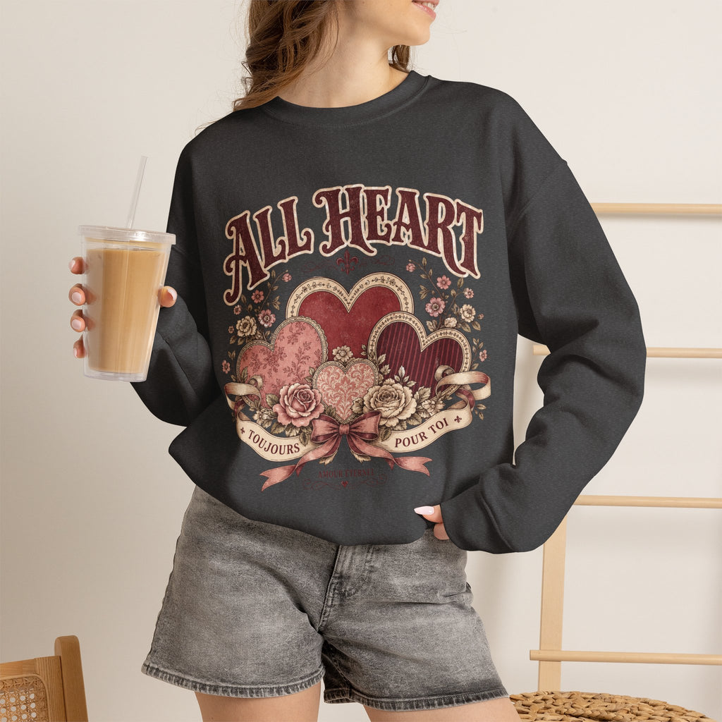 Vintage-Sweatshirt mit Rundhalsausschnitt zum Valentinstag – „All Heart“ romantisches Motiv