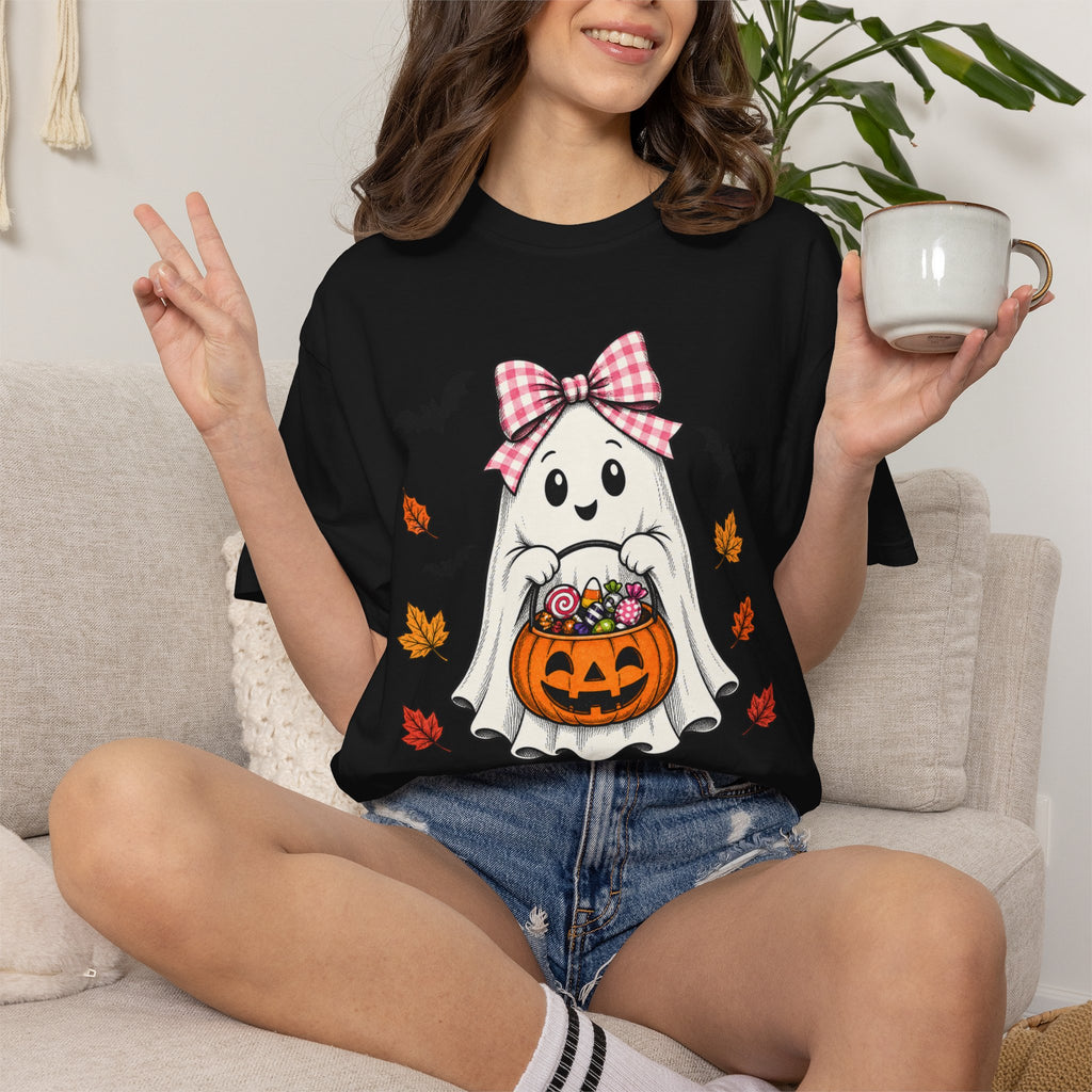 Cute Halloween Ghost T-Shirt — Trick-or-Treat Pumpkin & Bats