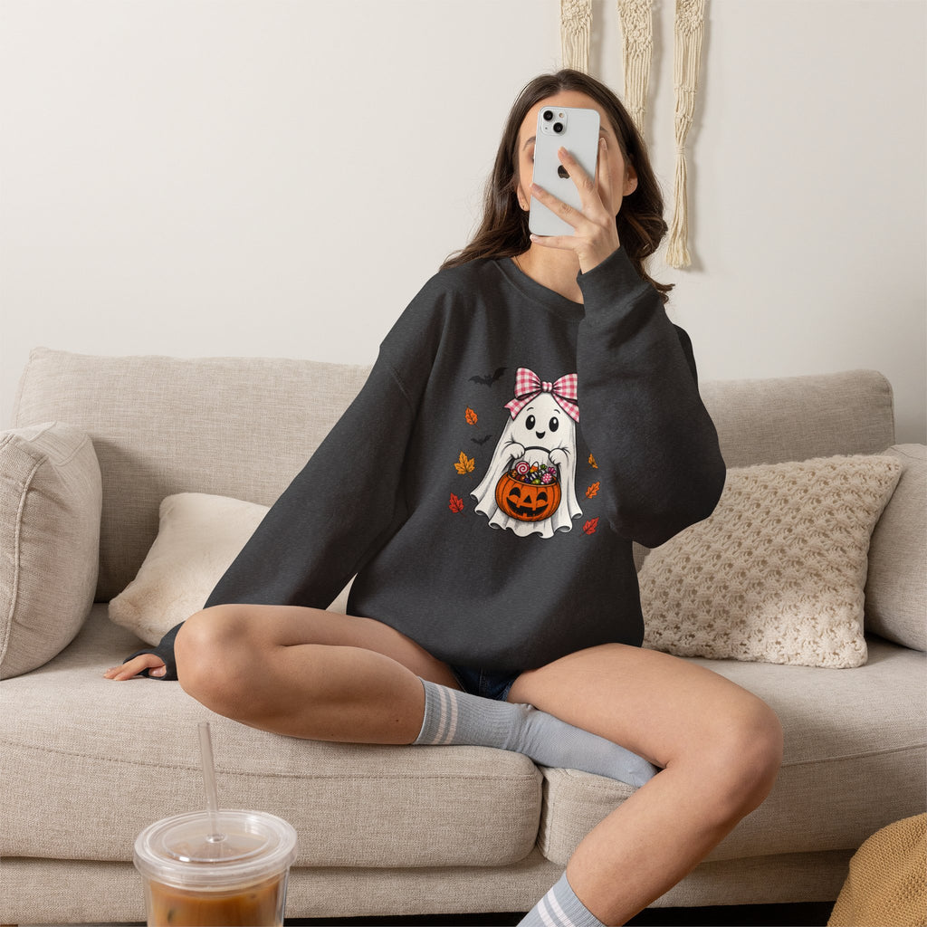 Cute Halloween Ghost Sweatshirt – Girl Ghost with Pumpkin Basket & Bats