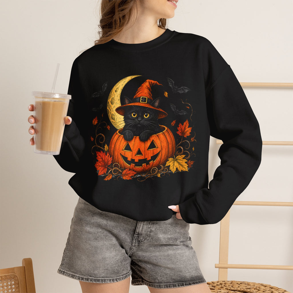 Halloween Black Cat Pumpkin Sweatshirt — Witch Hat, Moon & Bats Crewneck