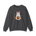 Cute Halloween Ghost Sweatshirt – Girl Ghost with Pumpkin Basket & Bats