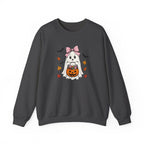 Cute Halloween Ghost Sweatshirt – Girl Ghost with Pumpkin Basket & Bats