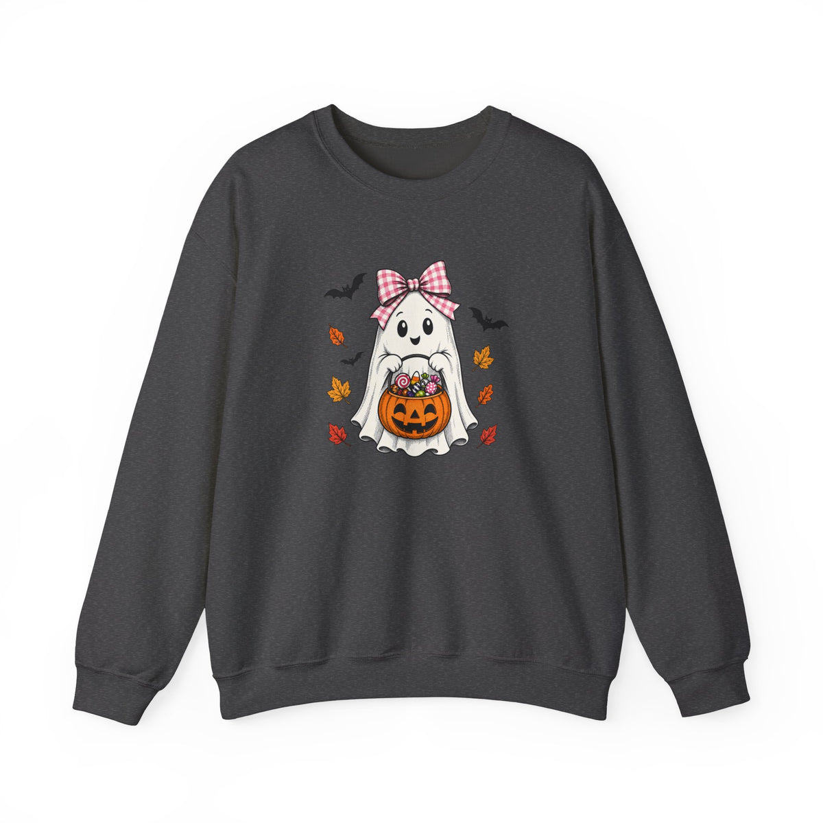 Cute Halloween Ghost Sweatshirt – Girl Ghost with Pumpkin Basket & Bats