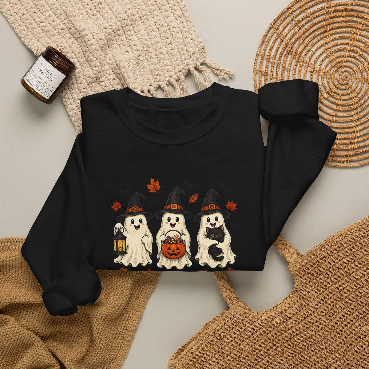 Halloween Puppy Ghosts Sweatshirt — Cute Dogs in Witch Hats with Jack-o'-Lantern