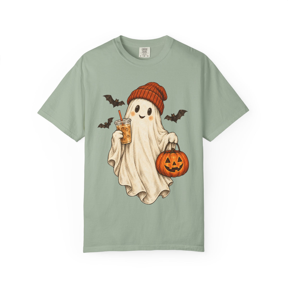 Halloween Ghost T-Shirt — Cute Ghost with Pumpkin & Coffee Graphic