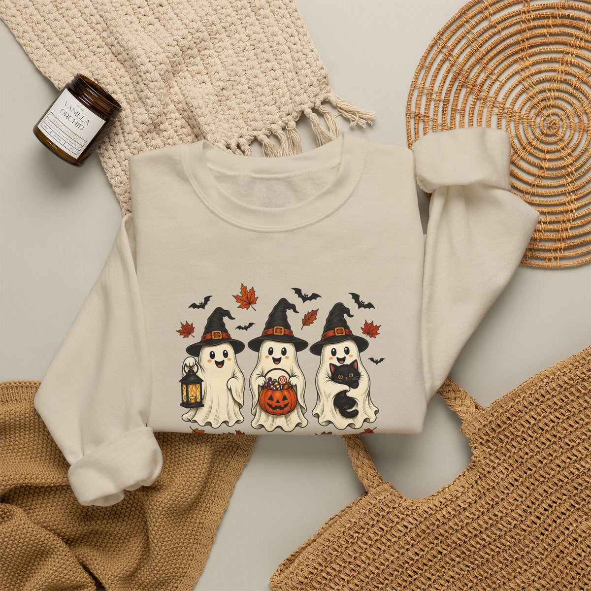 Halloween Puppy Ghosts Sweatshirt — Cute Dogs in Witch Hats with Jack-o'-Lantern