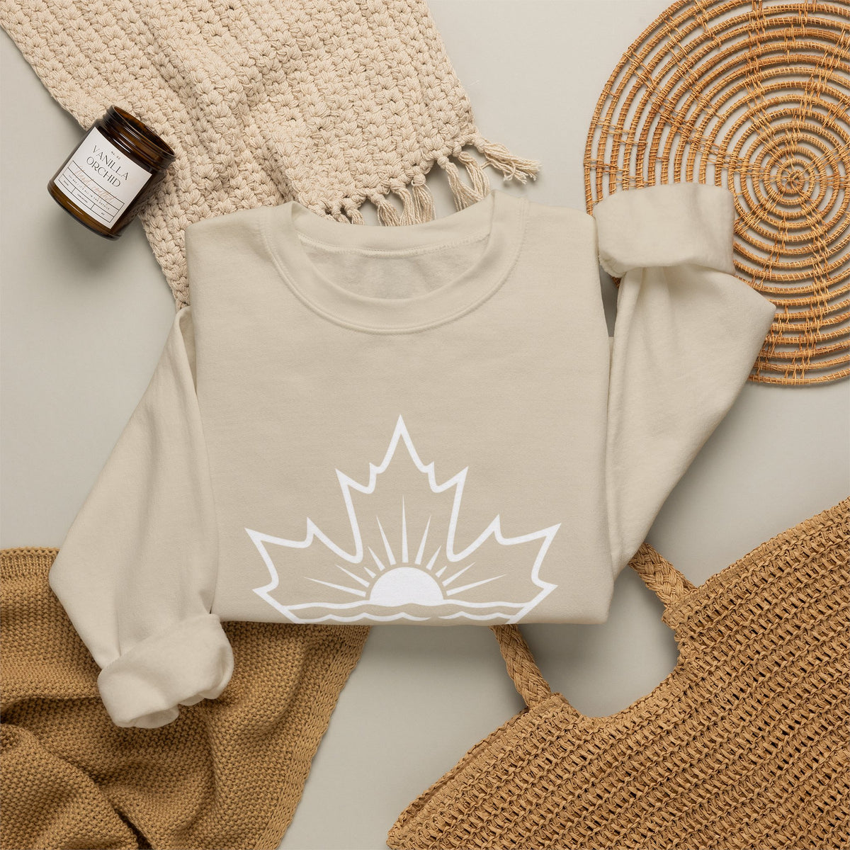 Lake Ontario Crewneck Sweatshirt — Maple Leaf Sunset Lake Design