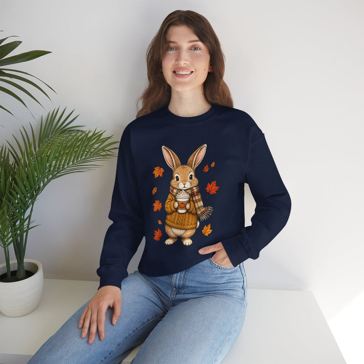 Autumn Bunny Sweatshirt – Cozy Fall Rabbit Holding Coffee