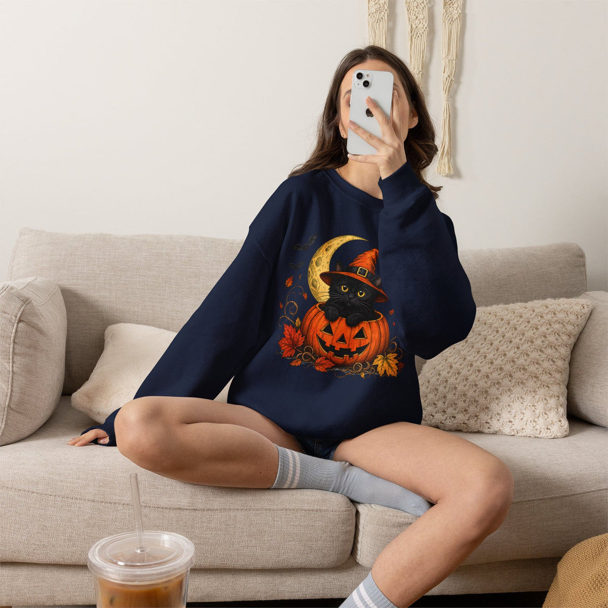 Halloween Black Cat Pumpkin Sweatshirt — Witch Hat, Moon & Bats Crewneck