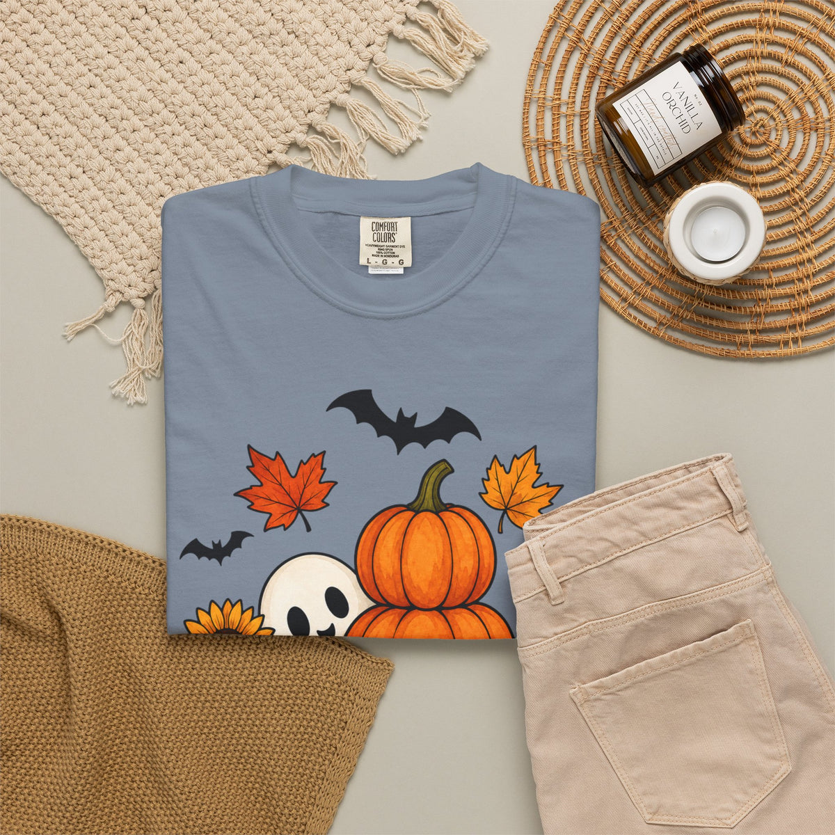 Halloween Pumpkin Stack T-Shirt — Cute Ghost, Sunflower & Falling Leaves Design
