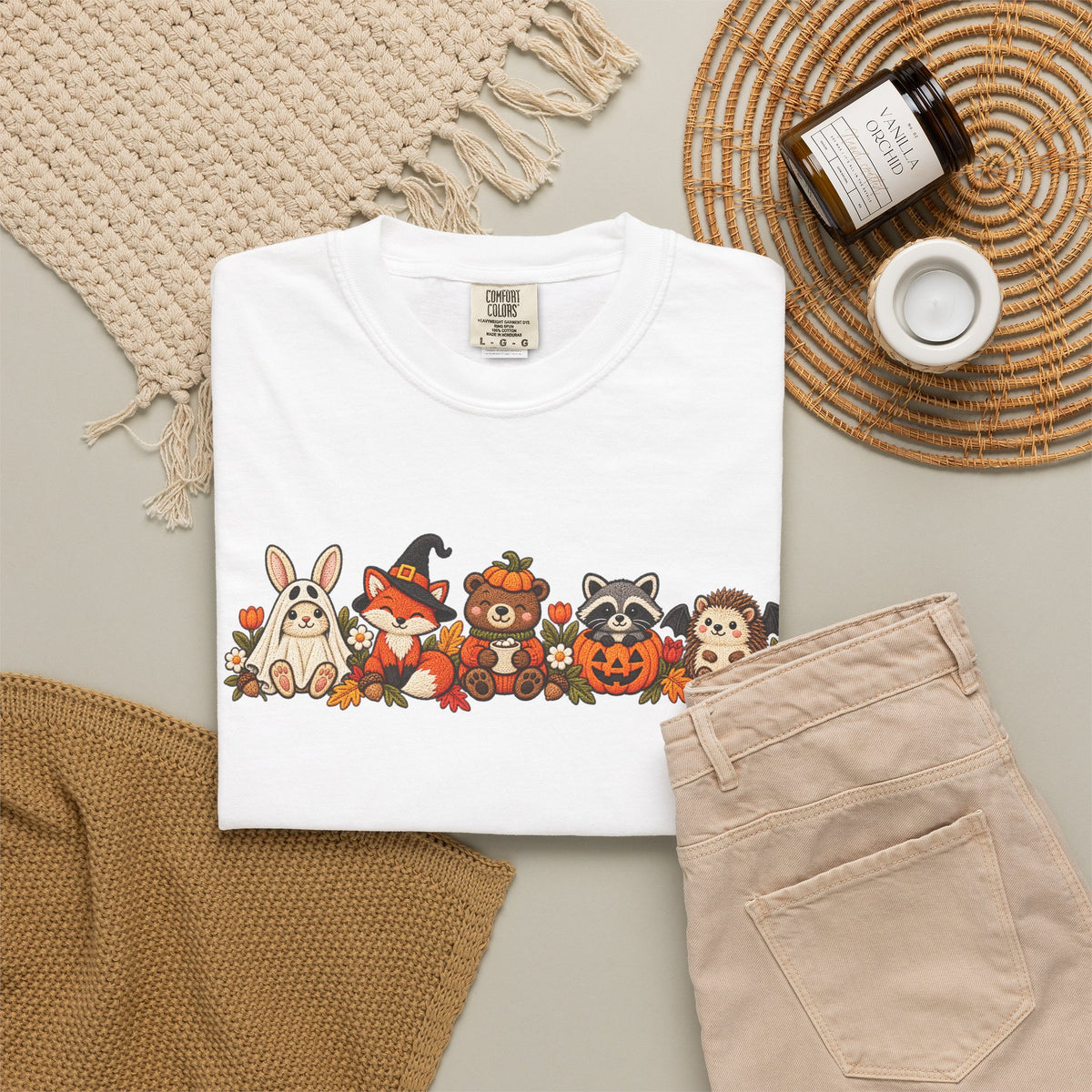 Halloween Critter Lineup T-Shirt — Cute Pumpkin, Witch & Bunny Spooky Crew