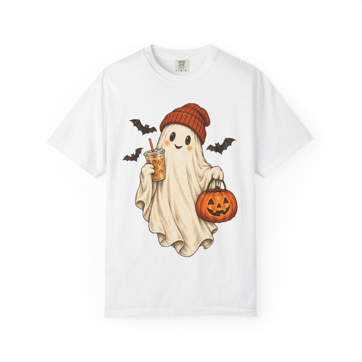 Halloween Ghost T-Shirt — Cute Ghost with Pumpkin & Coffee Graphic