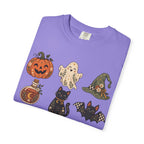 Halloween-Icons T-Shirt — Niedliches Retro-T-Shirt mit Kürbissen, Geist, Katze & Totenkopf