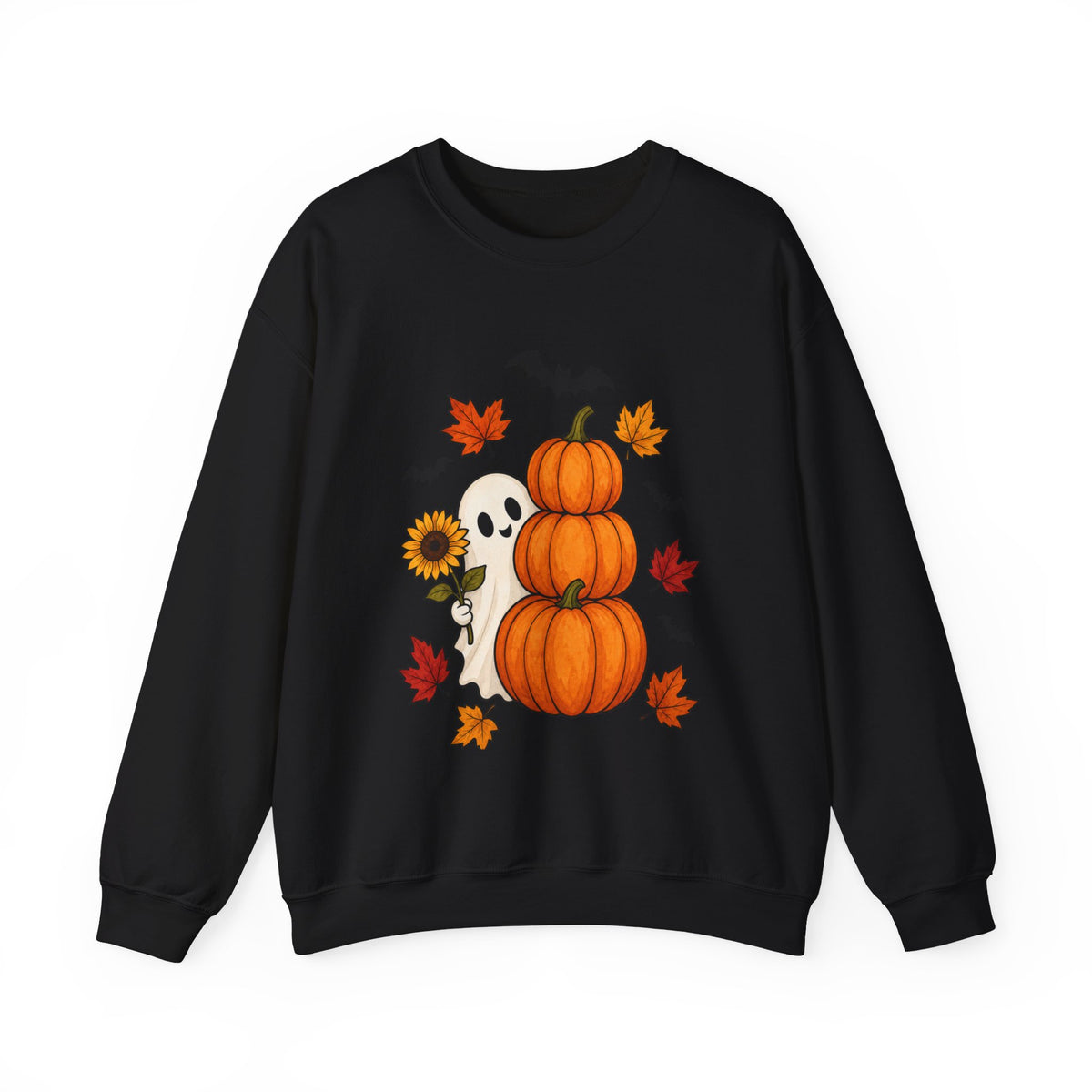 Halloween Pumpkin Stack Crewneck Sweatshirt — Ghost, Sunflower & Falling Leaves Design