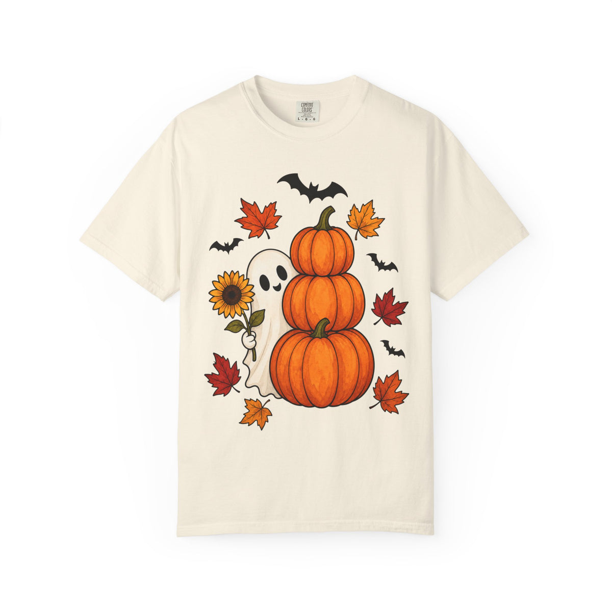Halloween Pumpkin Stack T-Shirt — Cute Ghost, Sunflower & Falling Leaves Design