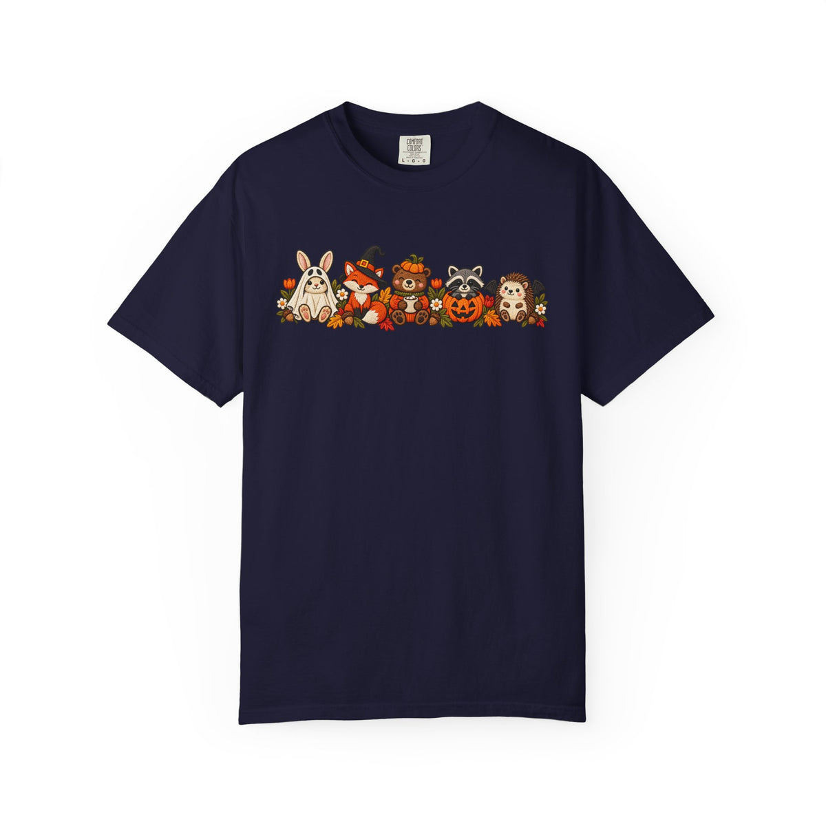 Halloween Critter Lineup T-Shirt — Cute Pumpkin, Witch & Bunny Spooky Crew