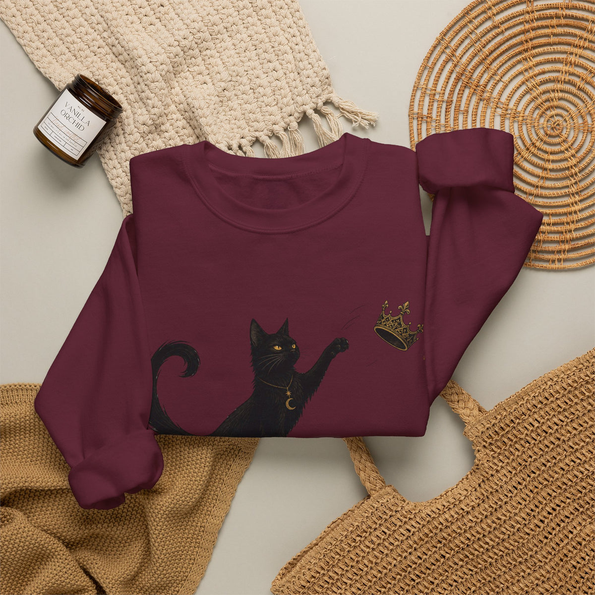 Cat with Crown Crewneck Sweatshirt — Playful Black Cat Graphic
