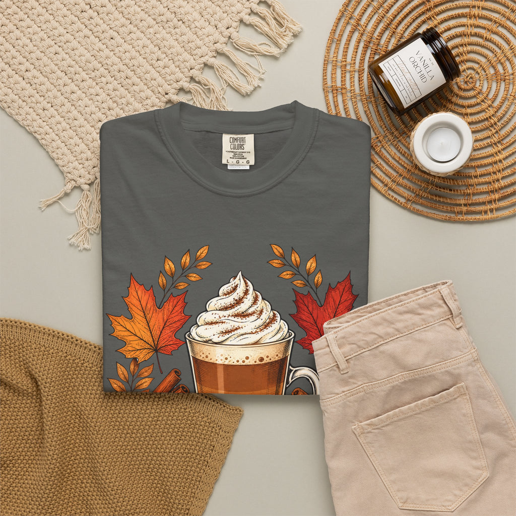 Pumpkin Spice Latte T-Shirt — Autumn Coffee Fall Leaves Tee