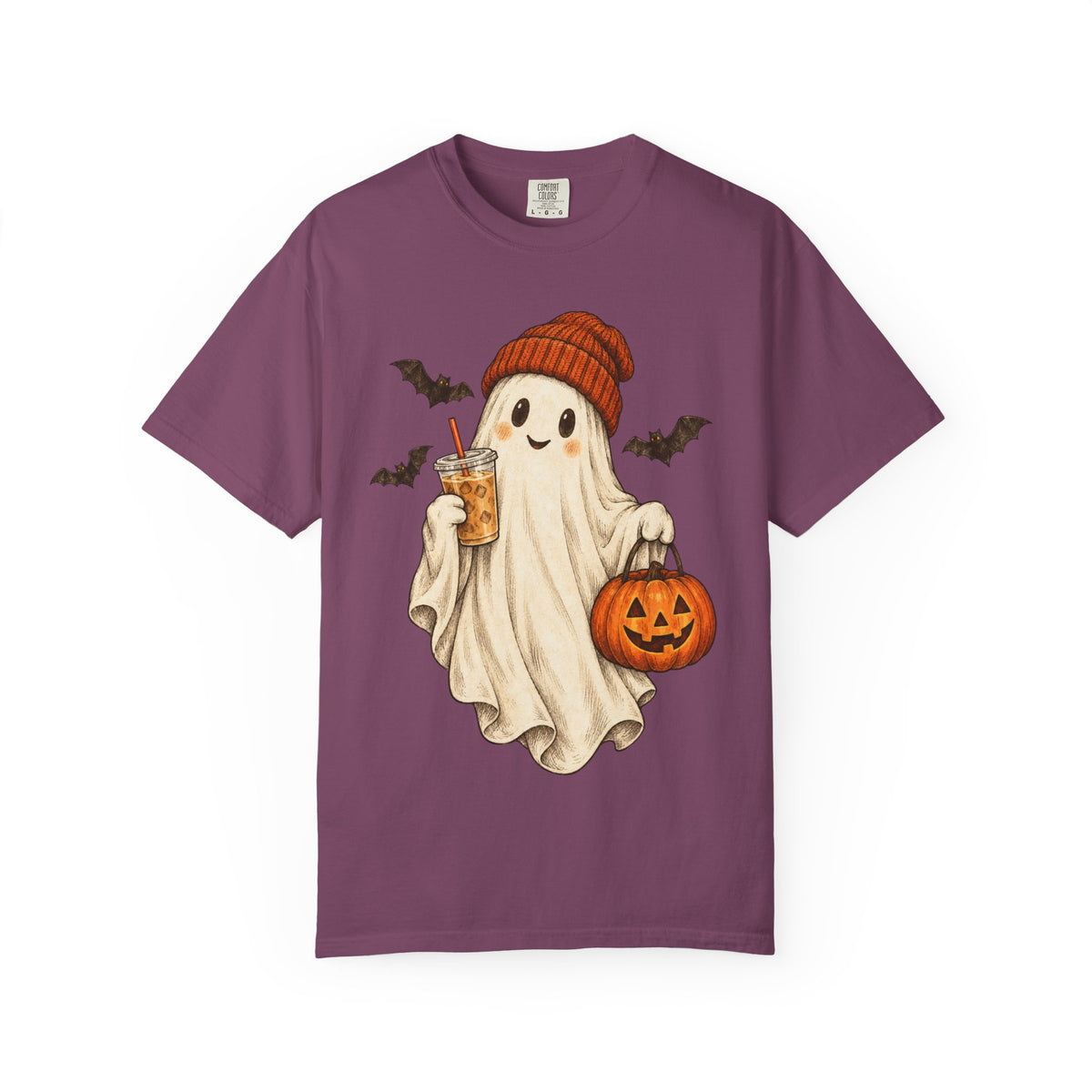 Halloween Ghost T-Shirt — Cute Ghost with Pumpkin & Coffee Graphic