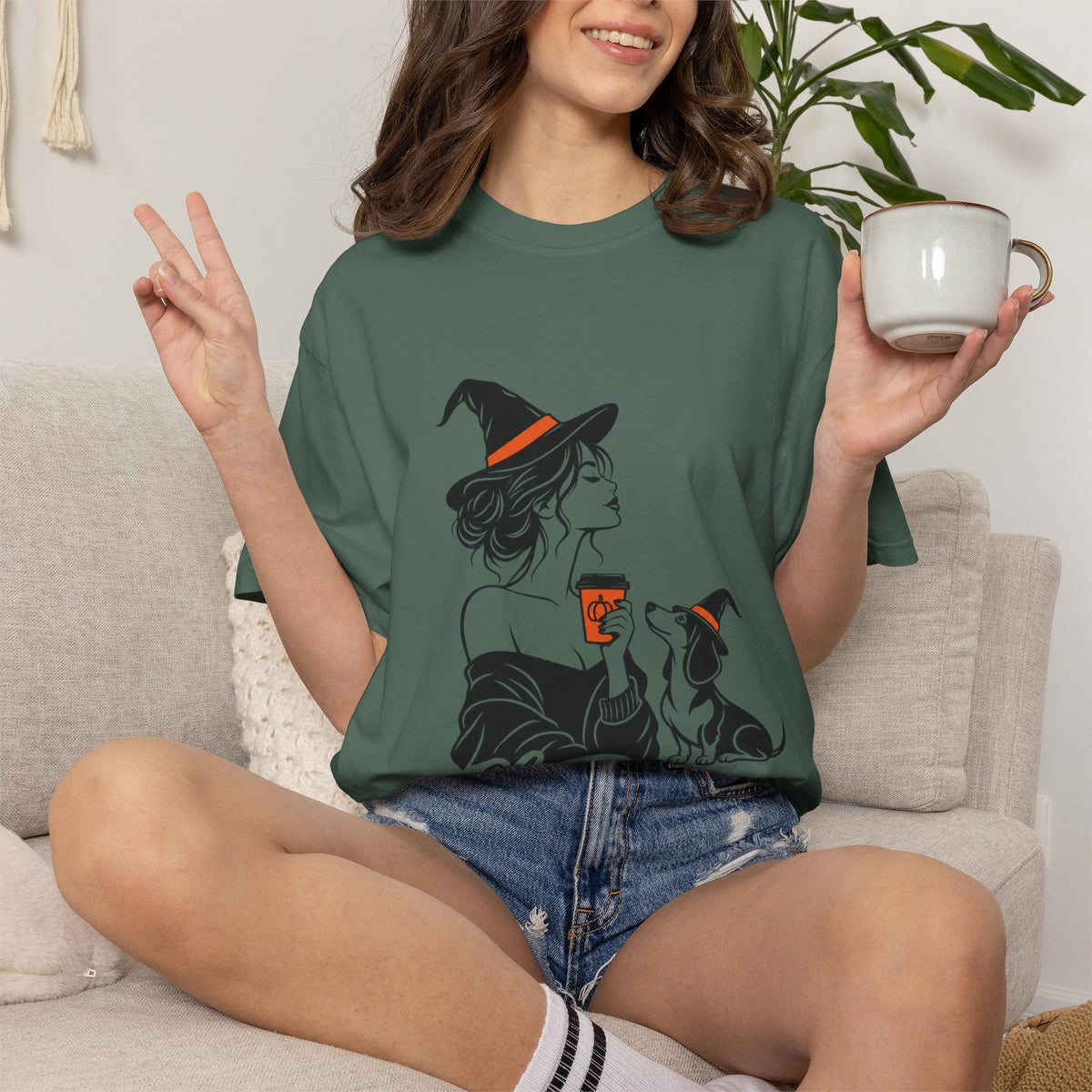 Her Human Witch Tee — Halloween Witch & Dog Graphic T-Shirt
