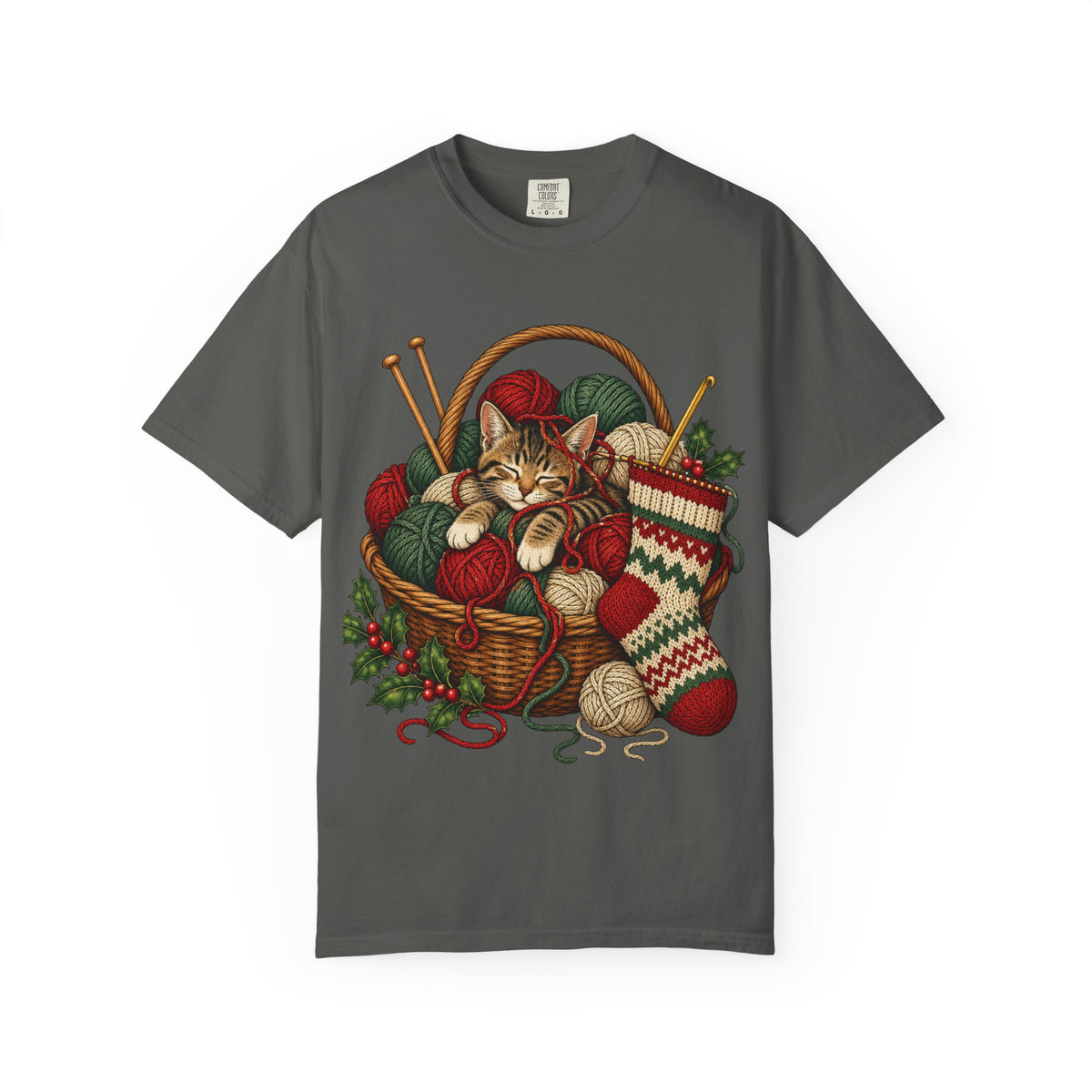 Cat in Yarn Basket T‑Shirt — Cozy Holiday Knitting Cat Tee