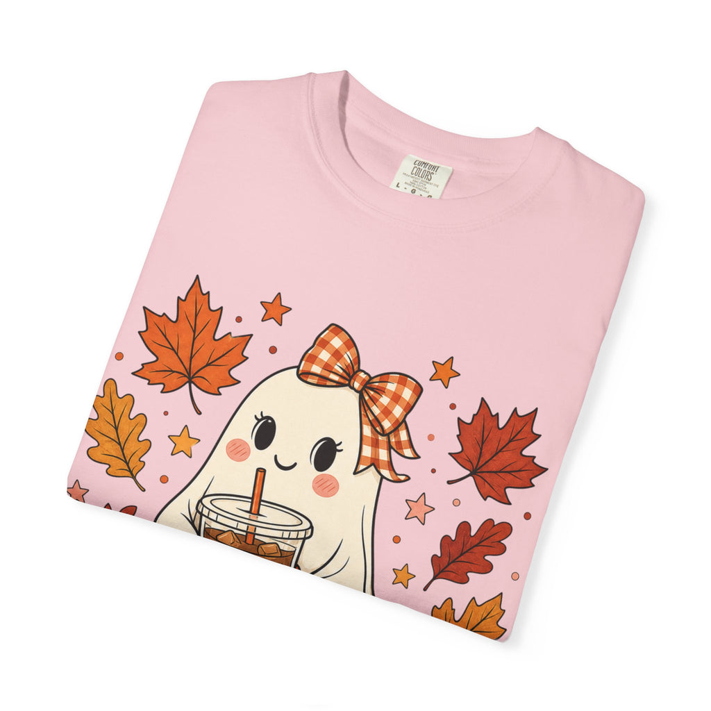 Cute Ghost Pumpkin Drink Tee — Fall Leaves Graphic T-Shirt
