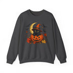 Halloween Black Cat Pumpkin Sweatshirt — Witch Hat, Moon & Bats Crewneck