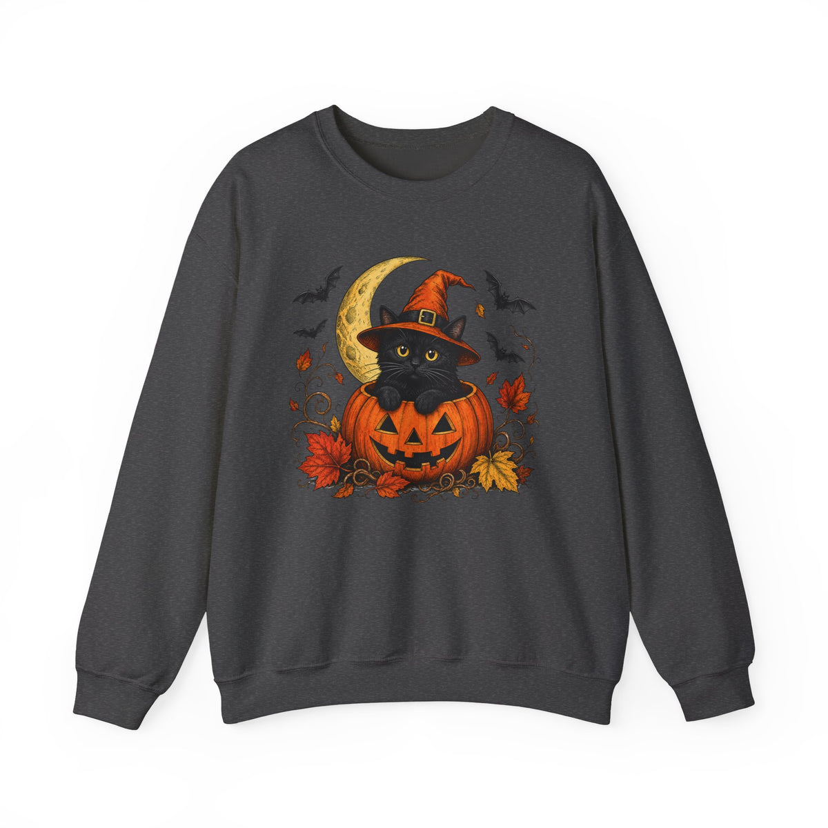 Halloween Black Cat Pumpkin Sweatshirt — Witch Hat, Moon & Bats Crewneck