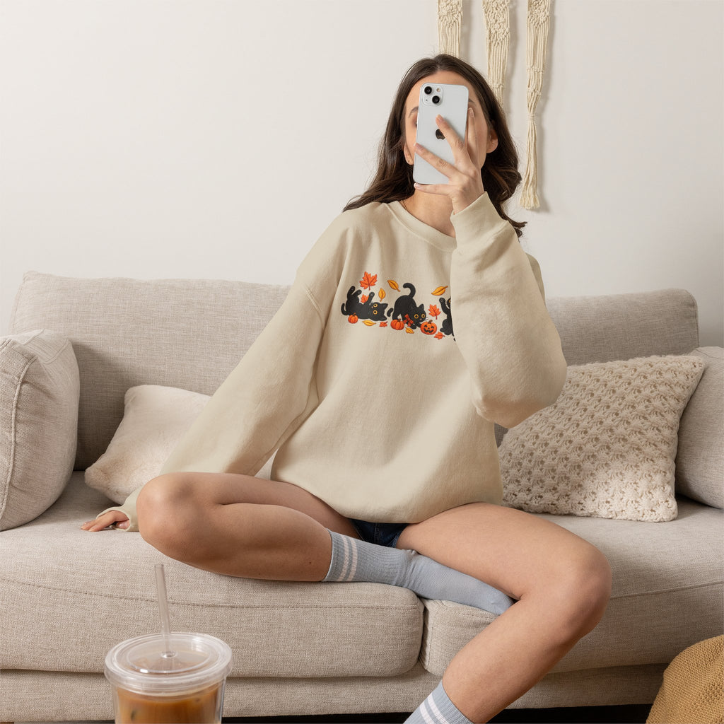 Herbst-Sweatshirt mit schwarzem Katzen-Motiv