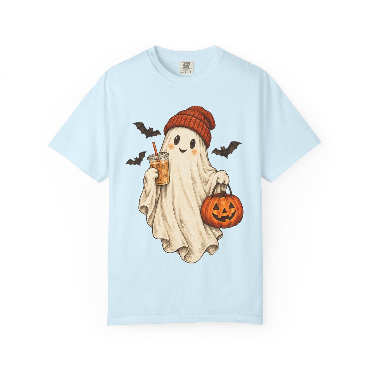 Halloween Ghost T-Shirt — Cute Ghost with Pumpkin & Coffee Graphic
