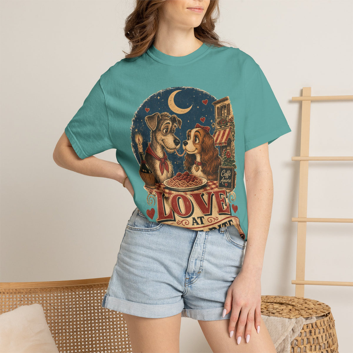T-Shirt — "Love at First Bite" Vintage Pizza Date Dogs Tee