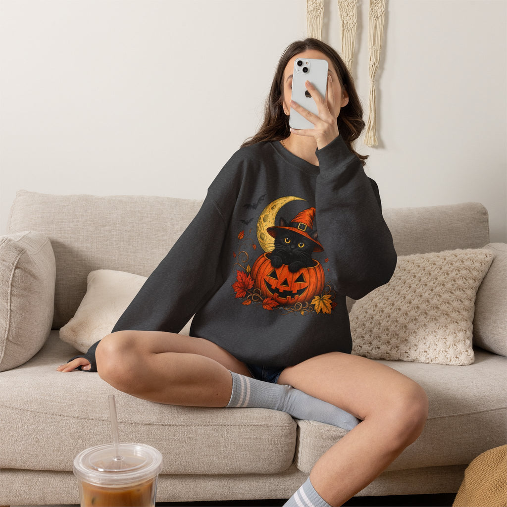 Halloween Black Cat Pumpkin Sweatshirt — Witch Hat, Moon & Bats Crewneck