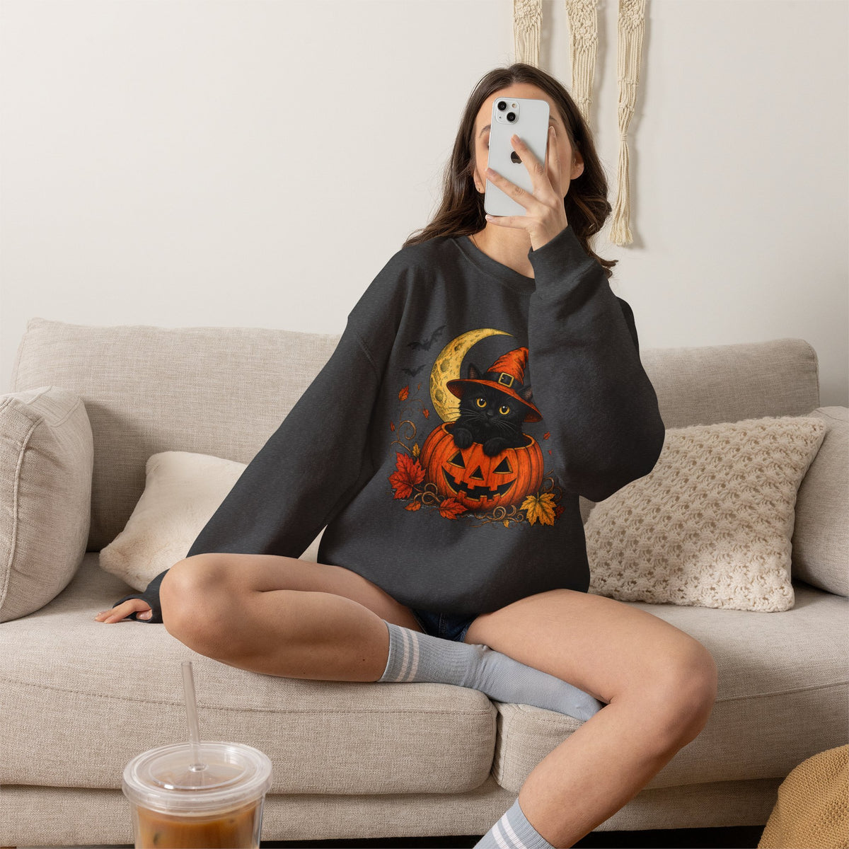 Halloween Black Cat Pumpkin Sweatshirt — Witch Hat, Moon & Bats Crewneck