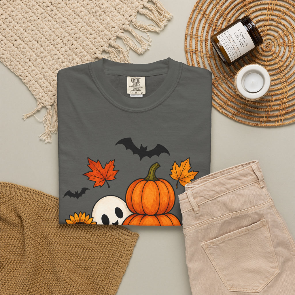 Halloween Pumpkin Stack T-Shirt — Cute Ghost, Sunflower & Falling Leaves Design