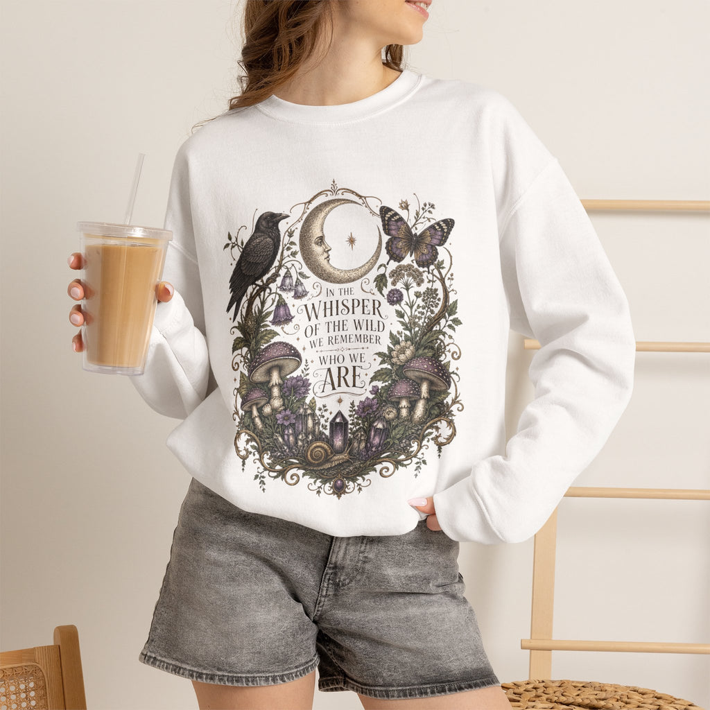 Mystic Moon & Mushroom Crewneck Sweatshirt — "Whisper to the Wild" Nature Graphic