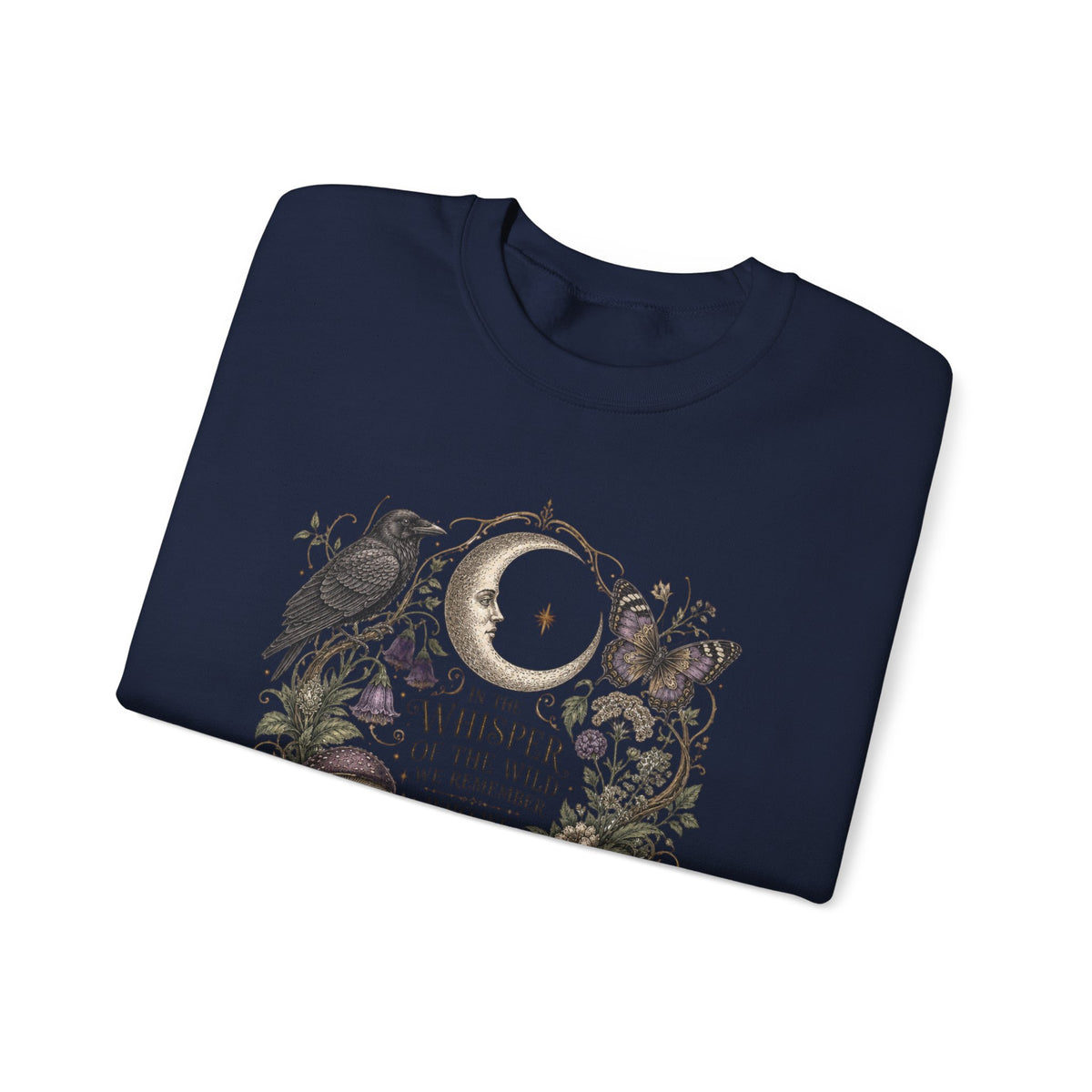 Mystic Moon & Mushroom Crewneck Sweatshirt — "Whisper to the Wild" Nature Graphic