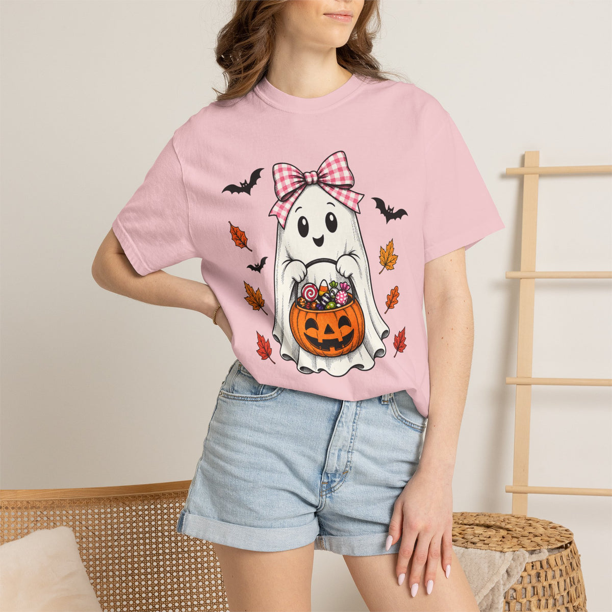 Cute Halloween Ghost T-Shirt — Trick-or-Treat Pumpkin & Bats