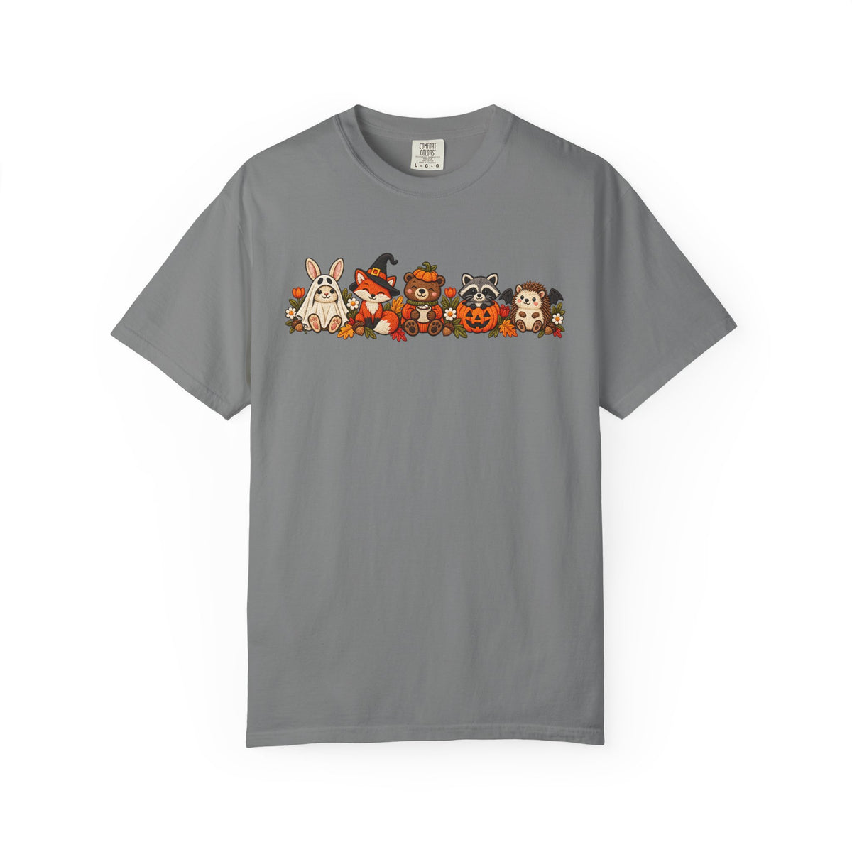Halloween Critter Lineup T-Shirt — Cute Pumpkin, Witch & Bunny Spooky Crew