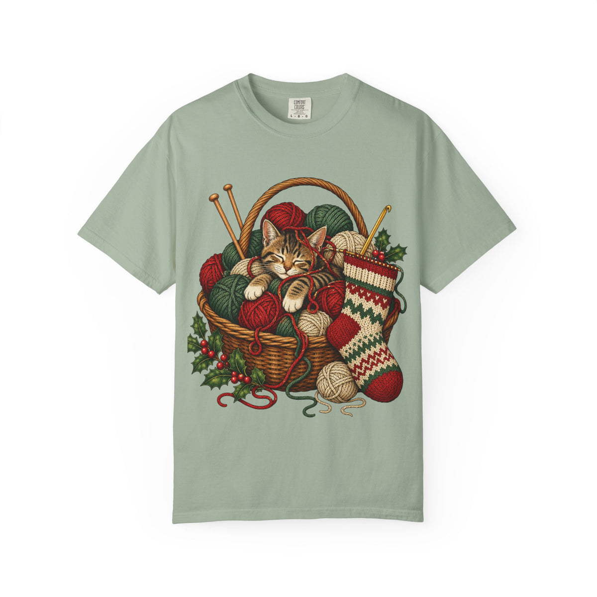Cat in Yarn Basket T‑Shirt — Cozy Holiday Knitting Cat Tee