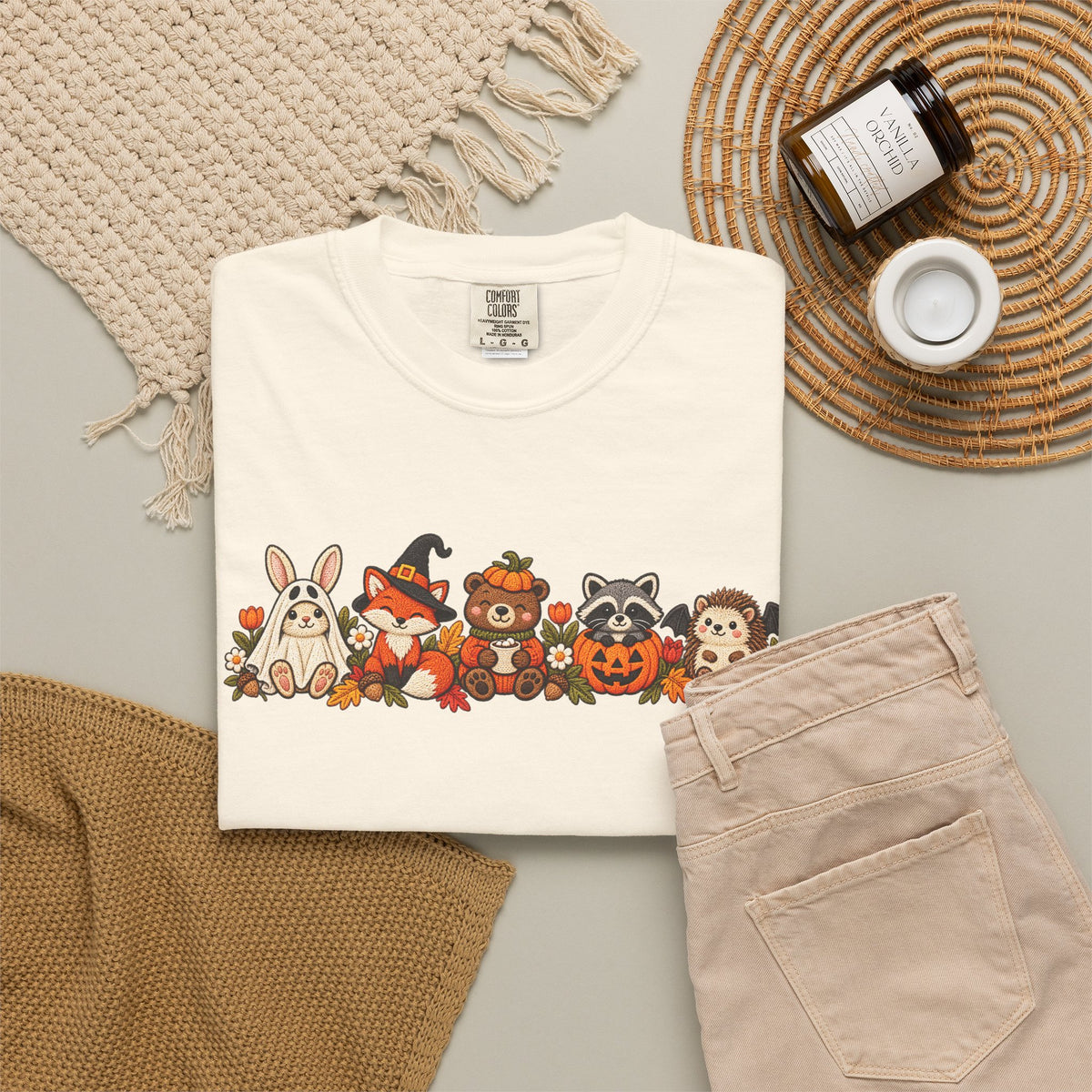 Halloween Critter Lineup T-Shirt — Cute Pumpkin, Witch & Bunny Spooky Crew