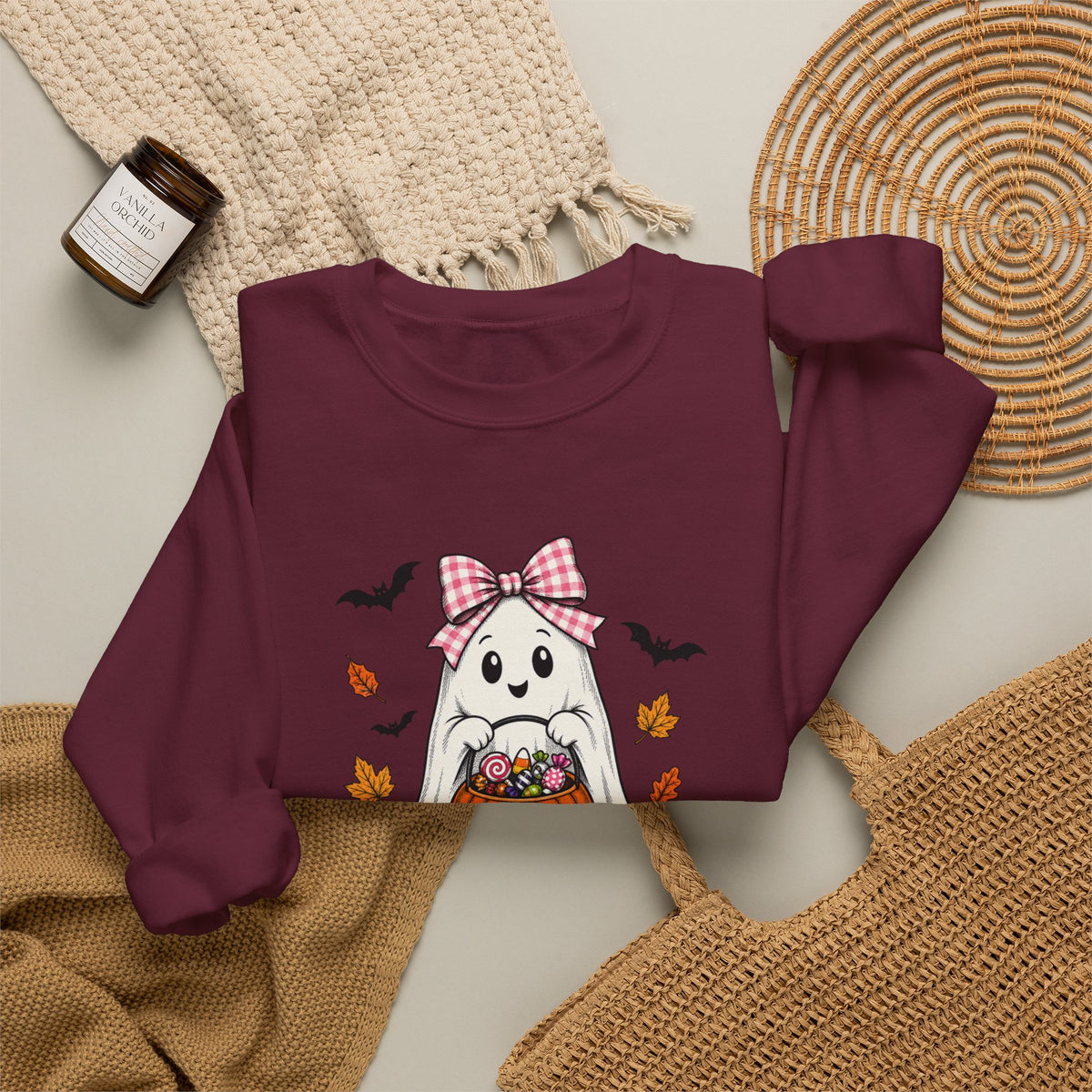 Cute Halloween Ghost Sweatshirt – Girl Ghost with Pumpkin Basket & Bats