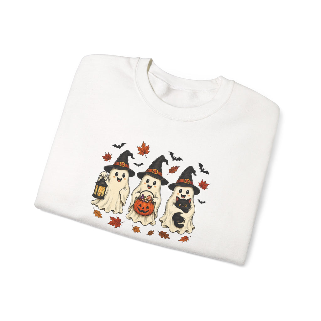 Halloween Puppy Ghosts Sweatshirt — Cute Dogs in Witch Hats with Jack-o'-Lantern
