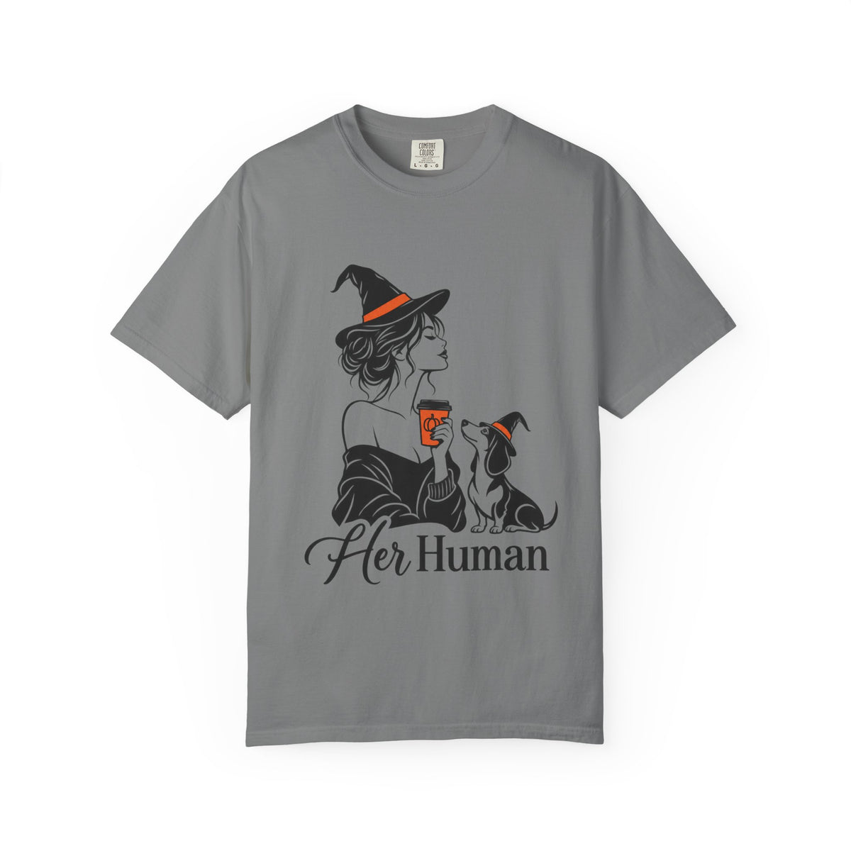Her Human Witch Tee — Halloween Witch & Dog Graphic T-Shirt