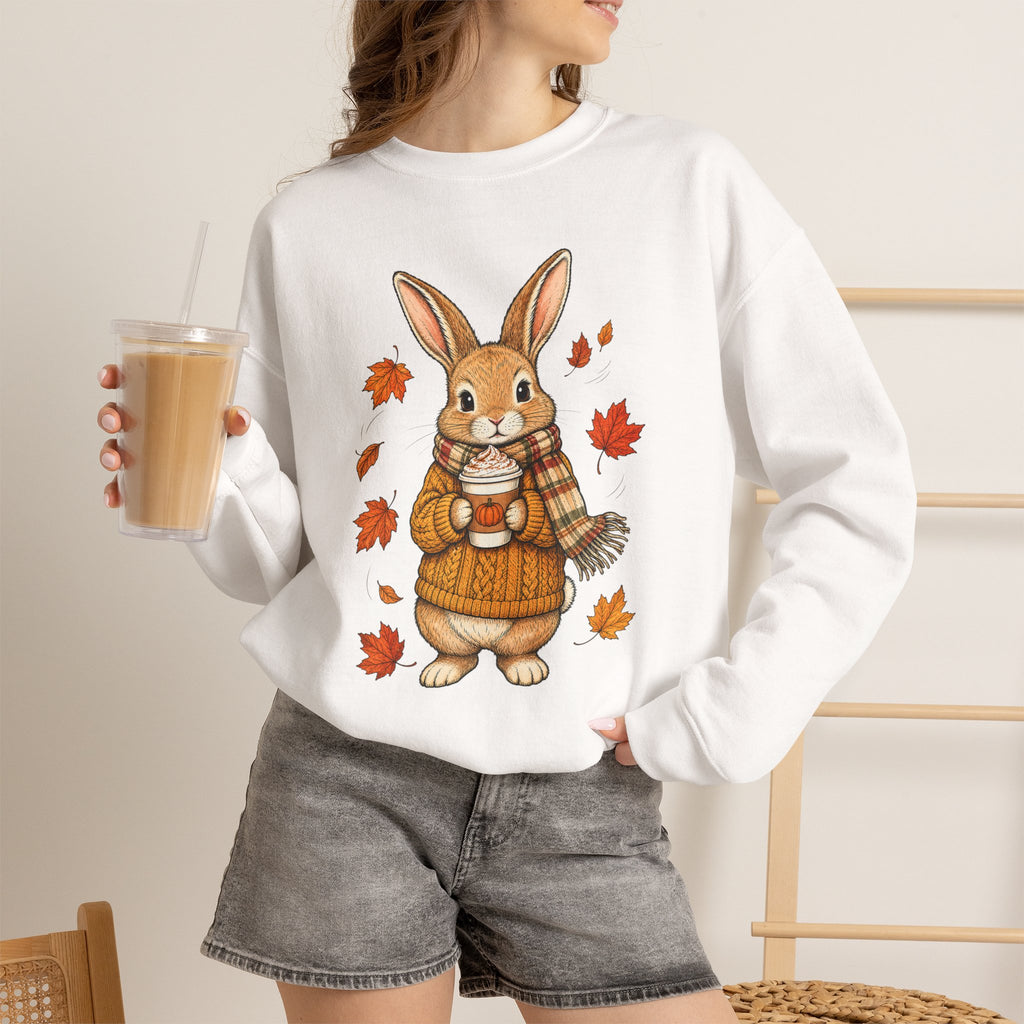 Autumn Bunny Sweatshirt – Cozy Fall Rabbit Holding Coffee