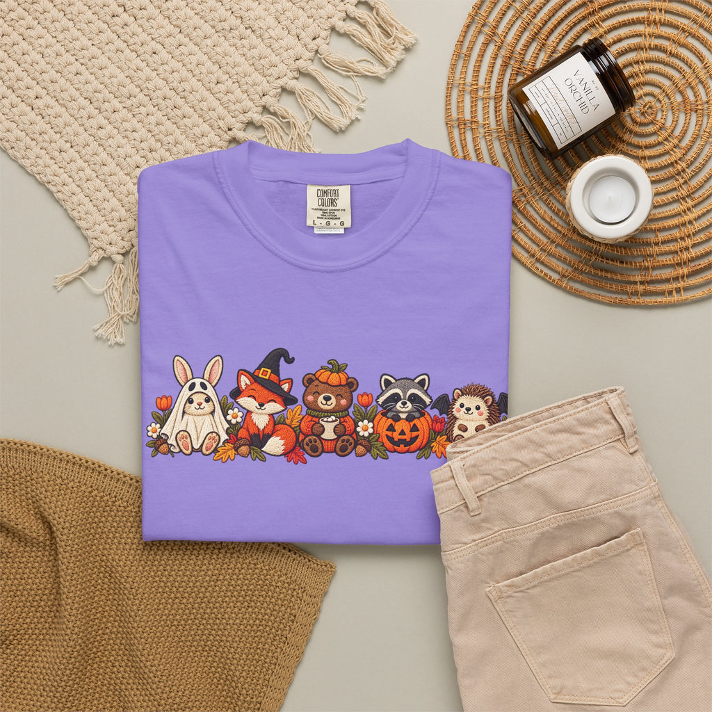 Halloween Critter Lineup T-Shirt — Cute Pumpkin, Witch & Bunny Spooky Crew