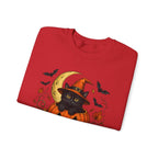Halloween Black Cat Pumpkin Sweatshirt — Witch Hat, Moon & Bats Crewneck