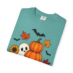 Halloween Pumpkin Stack T-Shirt — Cute Ghost, Sunflower & Falling Leaves Design