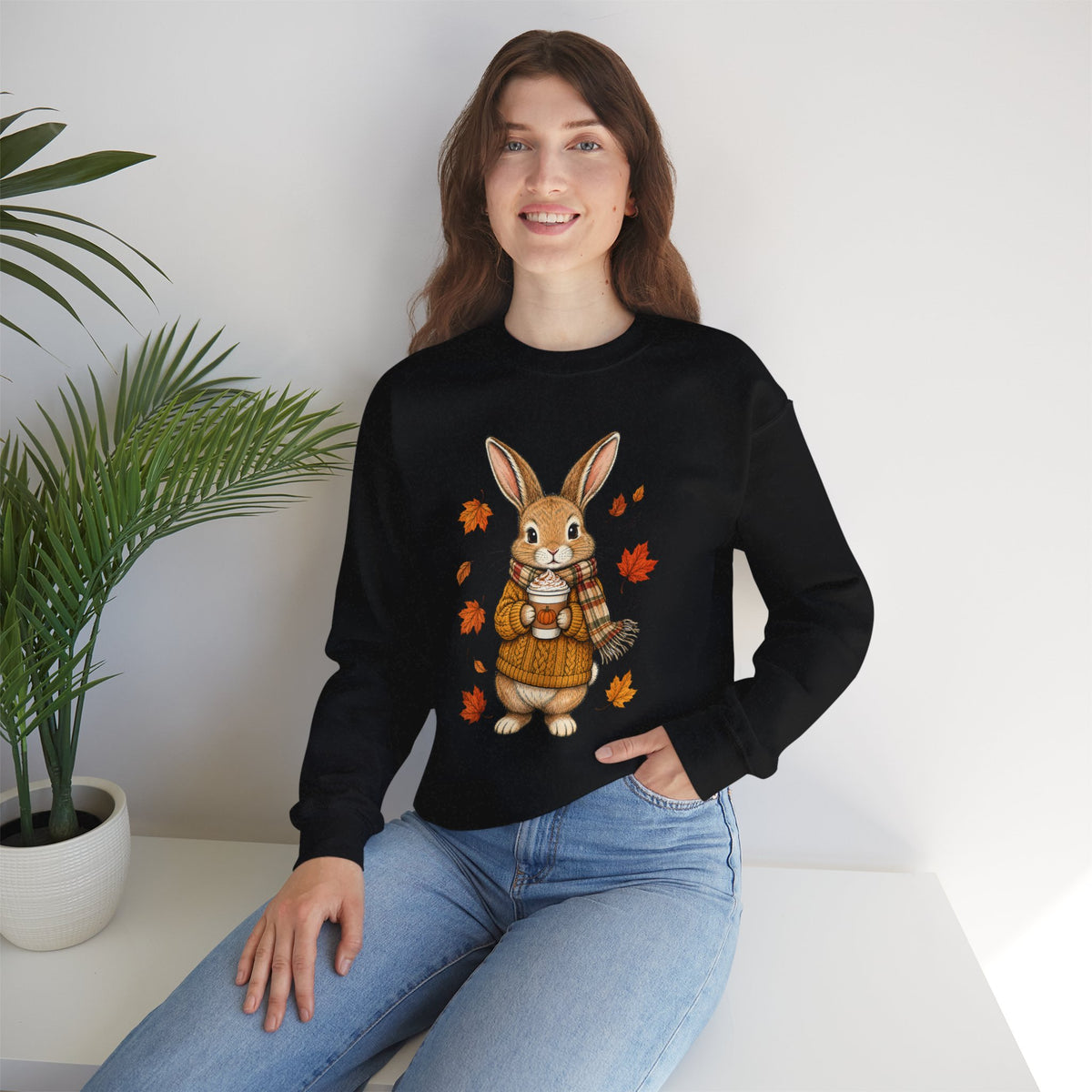 Autumn Bunny Sweatshirt – Cozy Fall Rabbit Holding Coffee